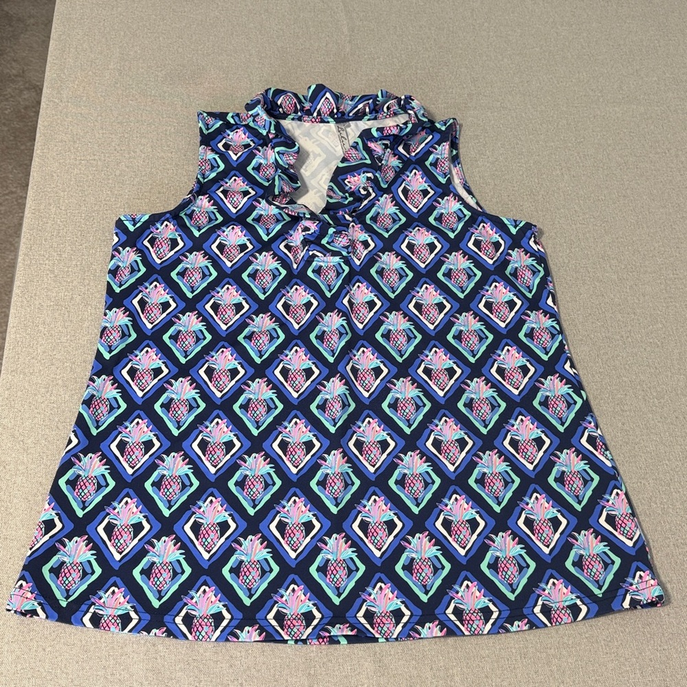 Lulu-B Pineapple Print Sleeveless Ruffle Blouse SZM - Picture 9 of 10
